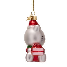 Vondels Hello Kitty glass Christmas tree ornament in pearlescent white and red Santa outfit, holding a gift, with gold hanging cord