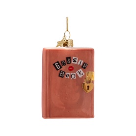 Vondels multicolour glass gossip book tree decoration with red lips, ransom-note lettering, and gold padlock detail