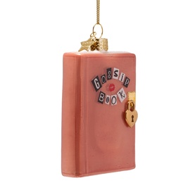 Vondels Gossip Book tree decoration in pink glass with gold star charm, lips detail, and padlock embellishment, hanging ornament