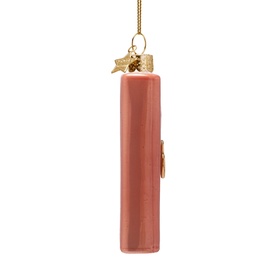 Vondels glass lipstick case tree decoration in pink with gold hardware and hanging loop, ornament for Christmas tree