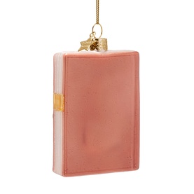 Vondels pink book-shaped glass tree decoration with gold hardware detail and hanging cord