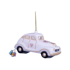 Vondels white glass wedding car tree decoration with gold hanging cord, heart motif, and miniature luggage charms