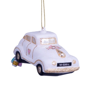 Vondels white glass Mr & Mrs wedding car tree decoration with gold glitter detailing, trailing cans, and hanging loop
