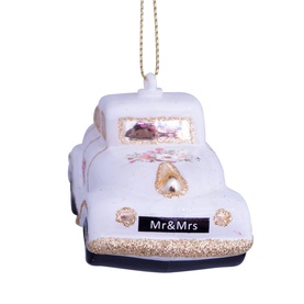 Vondels white Mr & Mrs wedding truck tree decoration with gold glitter detailing and floral accents, hanging ornament