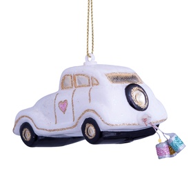 Vondels white wedding car tree decoration with gold glitter detail, pink heart, and hanging tin can embellishments, on gold string
