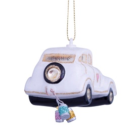 Vondels white vintage car tree decoration with colourful hanging bag charms, gold loop hanger, glittery detailing