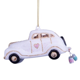 Vondels white glitter wedding car tree decoration with gold detailing, pink heart, and hanging tin can charms