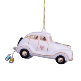 Vondels white wedding car tree decoration with gold detailing, pink heart motif, and hanging tin can accents