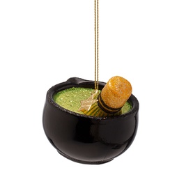 Vondels tree decoration shaped like a matcha latte bowl with macaron, in black and green tones, with gold hanging cord
