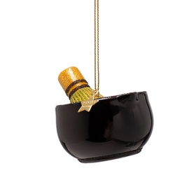 Vondels tree decoration shaped like a glossy black mortar and pestle with gold glitter detail and hanging gold cord