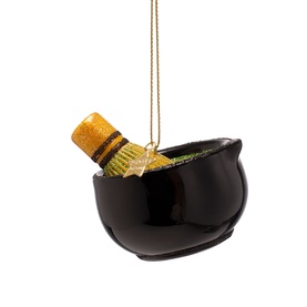 Vondels tree decoration, glossy black ice bucket with gold glitter champagne bottle, multicoloured, with gold hanging thread