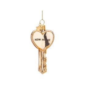 Vondels gold glass key-shaped Christmas tree decoration with heart bow engraved with "New Home", gold hanging thread