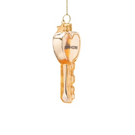 Vondels gold glass key-shaped Christmas tree ornament with New Home engraving, hung on gold thread