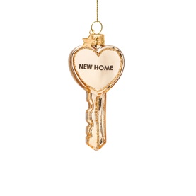 Vondels gold glass Christmas tree ornament shaped as a key with heart bow engraved with "New Home