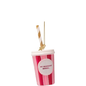 Vondels pink milkshake cup tree decoration with striped straw, gold hanging ribbon, and "My Milkshake Brings&hellip;" text detail