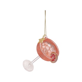 Pink glass cocktail glass Christmas tree ornament with gold hanging thread and decorative wheel detail, hanging decoration