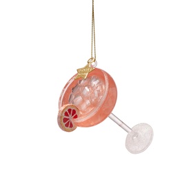 Pink cocktail glass Christmas tree ornament with grapefruit slice detail and gold hanging thread, gloss finish