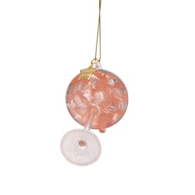 Pink glass cocktail drink Christmas tree hanging ornament with gold leaf detail and clear stem, on gold thread