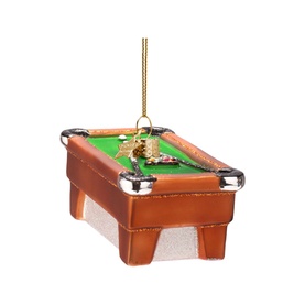 Vondels tree decoration, miniature pool table ornament in brown and green with gold hanger, multi-coloured detail