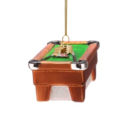 Vondels multi-coloured glass pool table Christmas tree decoration with green baize and brown frame, hanging on gold cord