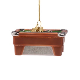 Vondels multicoloured glass pool table tree decoration ornament with gold hanging thread, detailed green baize and brown frame.