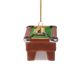 Vondels multi-coloured glass pool table Christmas tree decoration with green baize, brown surround and gold hanging cord