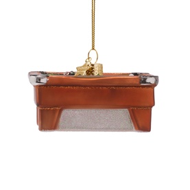 Vondels glass tree decoration shaped like a brown leather suitcase with gold clasp detail, hung on gold thread