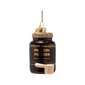 Black and gold glass protein powder jar Christmas tree ornament with cork-style lid and miniature scoop detail