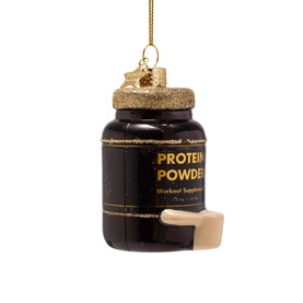 Dark brown and gold glass protein powder tub Christmas tree ornament with scoop detail and glitter lid, hanging decoration