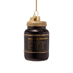 Dark brown glass jar Christmas tree ornament with gold nutritional information label and glittery gold lid, hung with gold thread