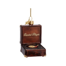 Vondels tree decoration, miniature brown record player in open case with gold detailing and hanging loop
