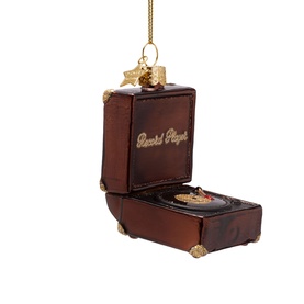 Vondels tree decoration shaped like a miniature brown record player in an open case with gold detailing and hanging loop.