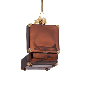 Vondels glass tree decoration shaped like a brown vintage suitcase with gold corner fittings and hanging loop