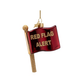 Vondels red glass Red Flag Alert waving flag Christmas tree ornament with gold glitter text and pole, hanging decoration