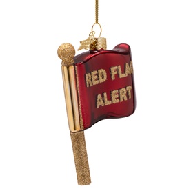 Vondels red glass "Red Flag Alert" Christmas tree ornament with gold glitter pole and hanging thread detail.