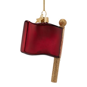 Vondels red glass flag tree decoration with gold glitter pole and hanging loop, Christmas ornament