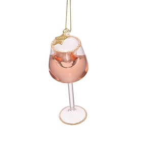 Vondels pink wine glass tree decoration with gold rim detail and hanging thread, filled with pale pink liquid and citrus garnish