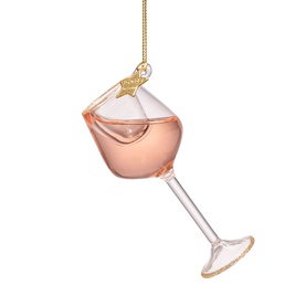 Vondels pink glass wine goblet Christmas tree decoration with gold hanging cord, handcrafted glass bauble ornament