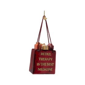 Red novelty shopping bag Christmas tree ornament with gold "Retail Therapy Is The Best Medicine" text and miniature gift bag details