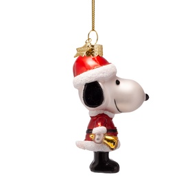 Vondels Snoopy Santa Claus glass Christmas tree ornament in red and white, with gold hanging thread, side profile view.