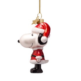 Vondels Snoopy Santa Claus glass Christmas tree ornament in red and white, with gold hanging thread