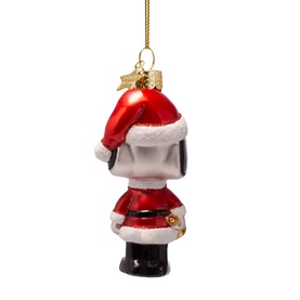 Vondels glass Christmas tree ornament, Snoopy in red Santa suit and hat, with gold hanging cord