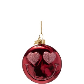 Red glass smiley face bauble with glitter heart eyes and gold hanging loop