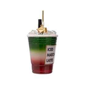 Vondels Strawberry Iced Matcha Glass Tree Decoration 10cm, layered red and green glitter drink design with gold hanging loop
