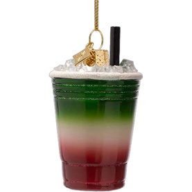 Vondels Strawberry Iced Matcha Glass Tree Decoration 10cm, green and red layered iced drink design with ice, straw, and gold hanging loop