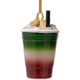 Vondels Strawberry Iced Matcha Glass Tree Decoration 10cm, green and red layered iced drink ornament with gold hanging loop and black straw detail