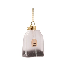 Glass tea bag-shaped Christmas tree ornament with gold hanger and "Tea Time" label, clear with dark tea detail inside