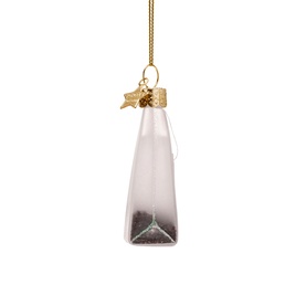 Frosted glass bottle-shaped Christmas tree ornament with gold star cap and hanging cord