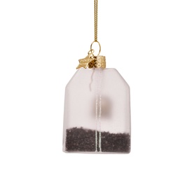 Glass tea bag Christmas tree ornament in white with gold hanging cord and bow detail, filled with dark tea leaves