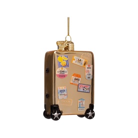 Vondels gold glass suitcase tree decoration with travel stickers, black wheels, and gold hanging thread